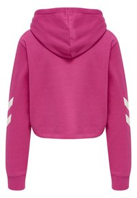 Roze cropped hoodie met een zachte textuur, voorzien van een capuchon en witte diagonale strepen op de mouwen. Eenvoudig, sportief ontwerp.