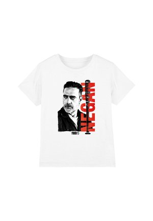 White T-shirt with a black-and-white portrait of a man and bold red text "NEGAN" next to a barbed-wire baseball bat graphic.
