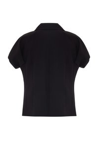 Blouse noire à manches courtes avec épaules structurées et col, vue de dos sur fond blanc.