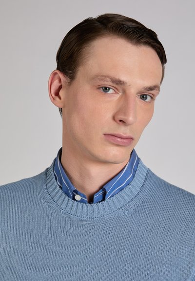 Light blue knitted sweater with a crew neckline over a blue and white striped collared shirt, showing smooth texture and fitted shape.