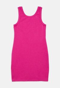 Φόρεμα χωρίς μανίκια, εφαρμοστό, από βαμβάκι σε έντονο ροζ χρώμα, με στρογγυλή λαιμόκοψη και λεία υφή, σε ίσια γραμμή χωρίς ορατά σχέδια.