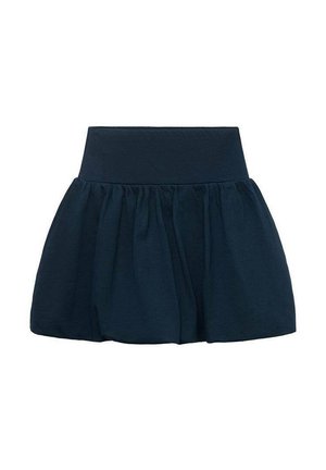 Fustă evazată bleu marin cu talie ajustată, realizată dintr-un material moale și texturat, cu un design pliat, oferind o siluetă voluminoasă.