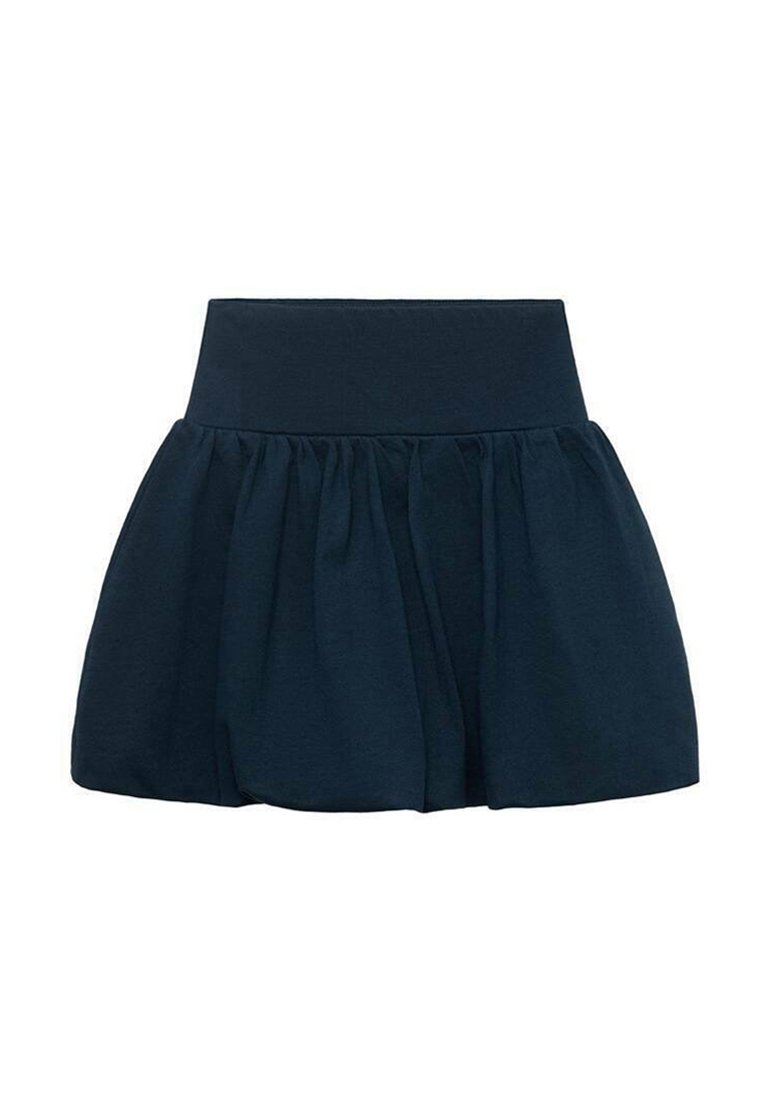Fustă evazată bleu marin cu talie ajustată, realizată dintr-un material moale și texturat, cu un design pliat, oferind o siluetă voluminoasă.
