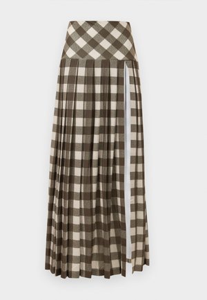Jupe longue plissée avec un motif à carreaux marron et beige. Conception taille haute avec une fente sur le côté et une texture de tissu douce.