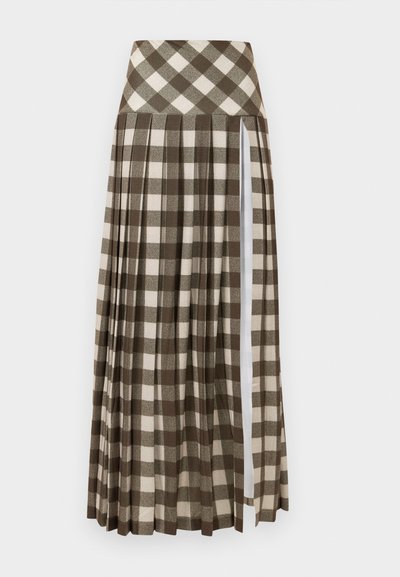 Long, pleated skirt featuring a brown and beige checkered pattern. High waist design with a side slit and soft fabric texture.