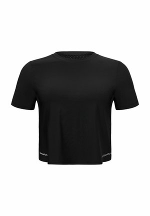 Schwarzes T-Shirt mit kurzen Ärmeln und Rundhalsausschnitt, ausgestattet mit einem dezenten weißen Akzent am unteren Saum, hergestellt aus glattem Stoff.