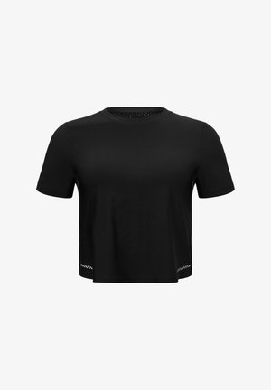 Schwarzes T-Shirt mit kurzen Ärmeln und Rundhalsausschnitt, ausgestattet mit einem dezenten weißen Akzent am unteren Saum, hergestellt aus glattem Stoff.