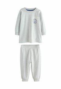 Jasnoszara, długorękawowa bluza z napisem "happy" oraz uśmiechniętą buźką, w komplecie z dopasowanymi dresami z elastycznym pasem dla maluchów.