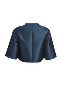 Veste courte en satin bleu foncé avec larges manches mi-longues et col rond haut, vue de dos sur fond blanc.