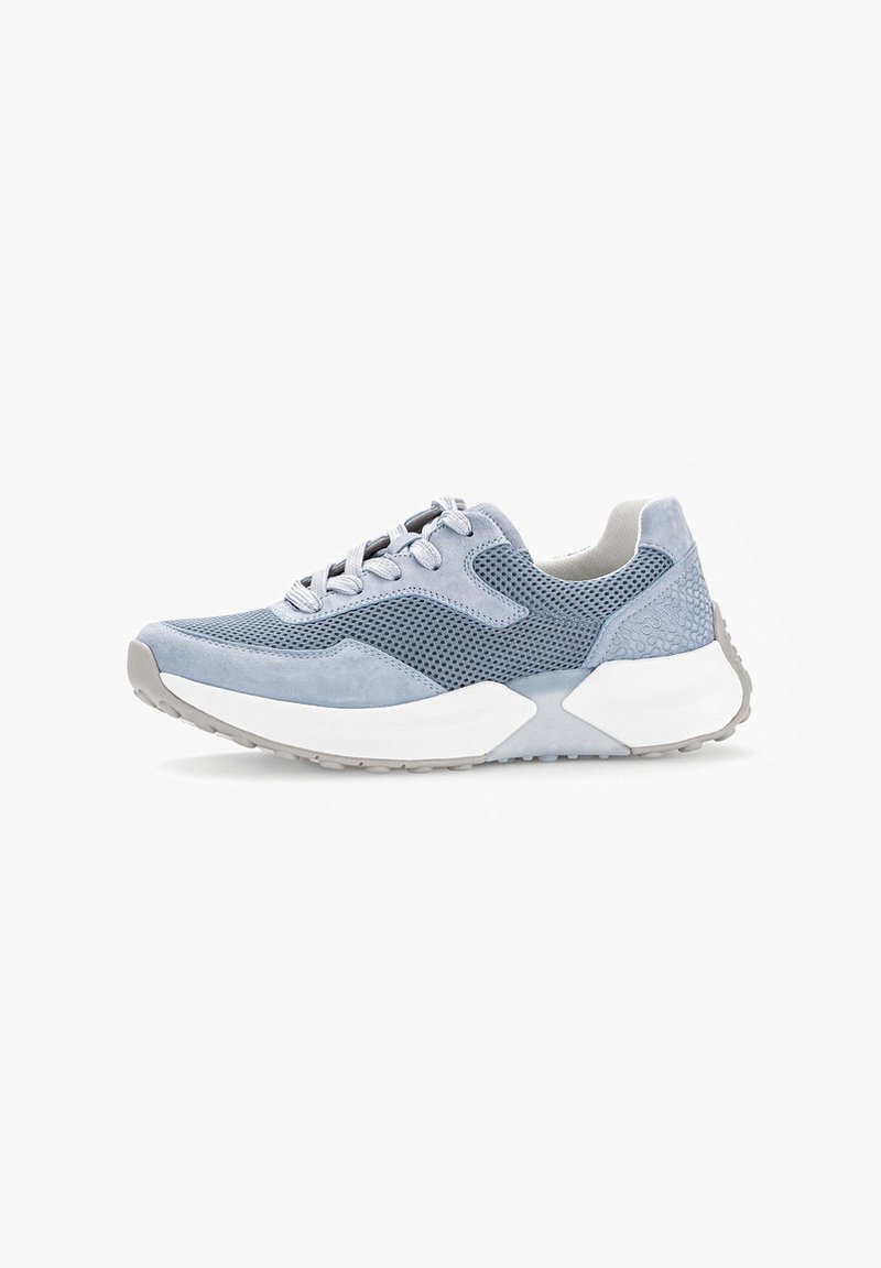 Light blue athletic shoe featuring mesh and suede materials, rounded shape, white midsole, and textured accents on the heel.