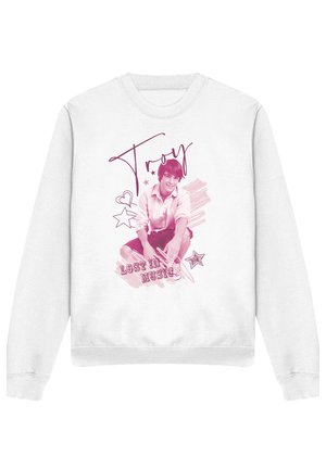 White sweatshirt with a graphic of a young man sitting, surrounded by stars and hearts, with text "Troy" and "Lost in Music" in pink tones.