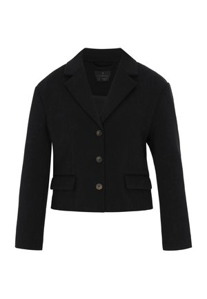 Sacou negru scurt, cu o textură fină, rever decupat, două buzunare frontale și trei nasturi maro în față.