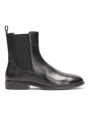 Black leather ankle boot with elastic side panels, smooth texture, rounded toe, and a low, square heel. Features a pull tab at the back.