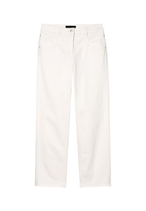 White denim trousers with a straight cut, five pockets, and a button closure. Features contrast stitching and soft texture.