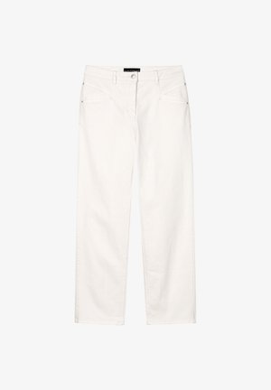Weiße Denim-Hose mit geradem Schnitt, fünf Taschen und Knopfverschluss. Verfügt über kontrastierende Nähte und eine weiche Textur.