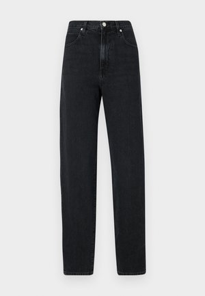 Black, straight-leg jeans made of denim. Features a high waist, metal button closure, five pockets, and subtle stitching details.