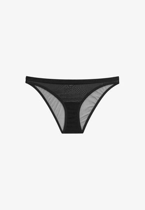 Schwarze Damen-Bikini-Unterwäsche aus transparentem Mesh-Gewebe mit solidem Bund und Frontpartie, dargestellt auf weißem Hintergrund.