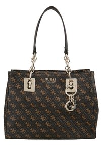 Sort faux læder tote bag med guld logo mønster, sølv hardware og charms. Har dobbelte top hanke og en rummelig design.