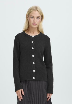 Schwarze, strukturierte Strickjacke mit Rundhalsausschnitt, ausgestattet mit sechs blumenförmigen Knöpfen auf der Vorderseite. Lässig geschnitten und mit langen Ärmeln.