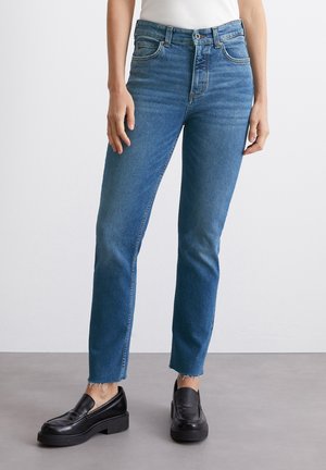 LENGTH HIGH WAIST CUT HEM - Slim fit jeans - authentic mid blue wash