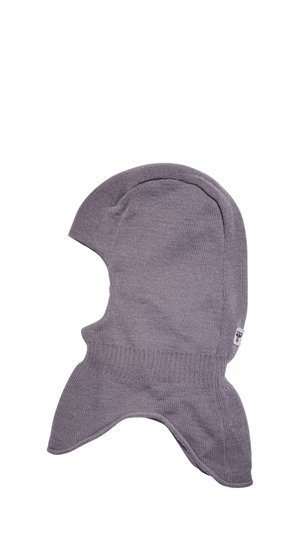 Strikket lilla balaclava med forlænget nakkedække og åbning til ansigtet, designet til fuld varme til hoved og nakke.