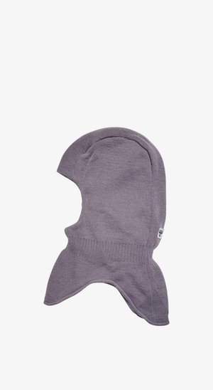 Strikket lilla balaclava med forlænget nakkedække og åbning til ansigtet, designet til fuld varme til hoved og nakke.