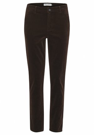 Braune Cordhosen mit schmaler Passform, ausgestattet mit einem Knopfverschluss und fünf Taschen. Weiche Textur mit vertikalem Rippmuster.