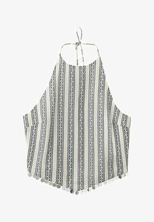 Haltertop met verticale zwart-witte geometrische strepen en pompomafwerking aan de zoom, gestrikt aan de nek.