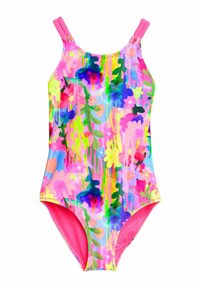 Maillot de bain une pièce coloré avec un motif floral et abstrait vibrant dans les tons de rose, vert et bleu, avec des bretelles roses et une doublure intérieure contrastante.