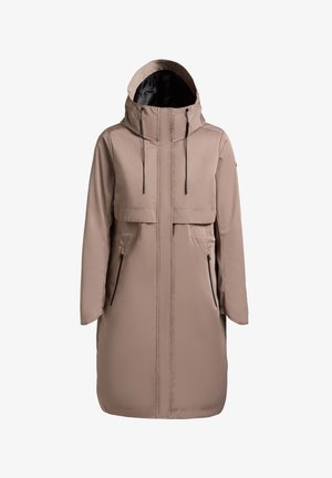 Béžový dlouhý zimní kabát s kapucí, předním zipem, stahovacími šňůrkami a dvěma zipovými kapsami na boku, vhodný pro chladné počasí.