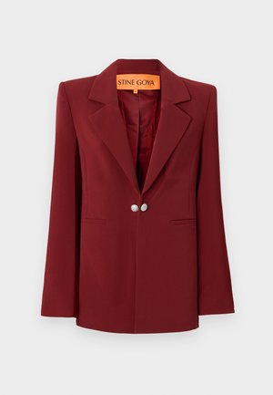 Burgunder blazer med et struktureret design, notch lapels, to forlommer og sølvfarvede dobbelte knapper. Glat stoffinish.