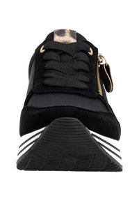 Black sneaker with a combination of textured suede and smooth synthetic material, featuring lace-up design, gold zipper, and striped sole.