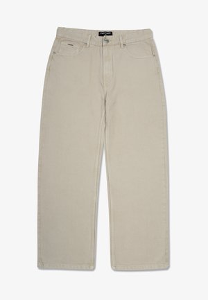 Beige, rette benbukser laget av bomull. Har to frontlommer og en liten baklomme. Dobbelt sydd sømmer øker holdbarheten.