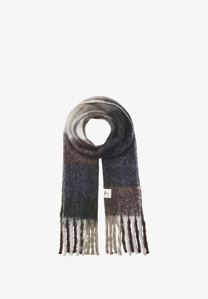 Bufanda tejida con un patrón degradado en tonos de gris y marrón, con extremos con flecos y una pequeña etiqueta de un lado.