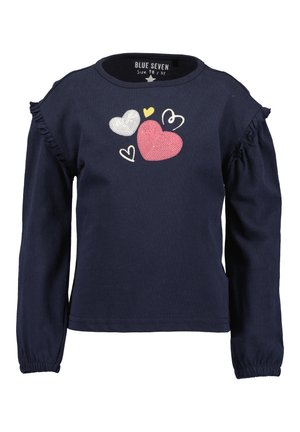La maglietta blu navy a maniche lunghe presenta un motivo a cuore in rosa, bianco e giallo, con dettagli arricciati sulle spalle. Realizzata in cotone.