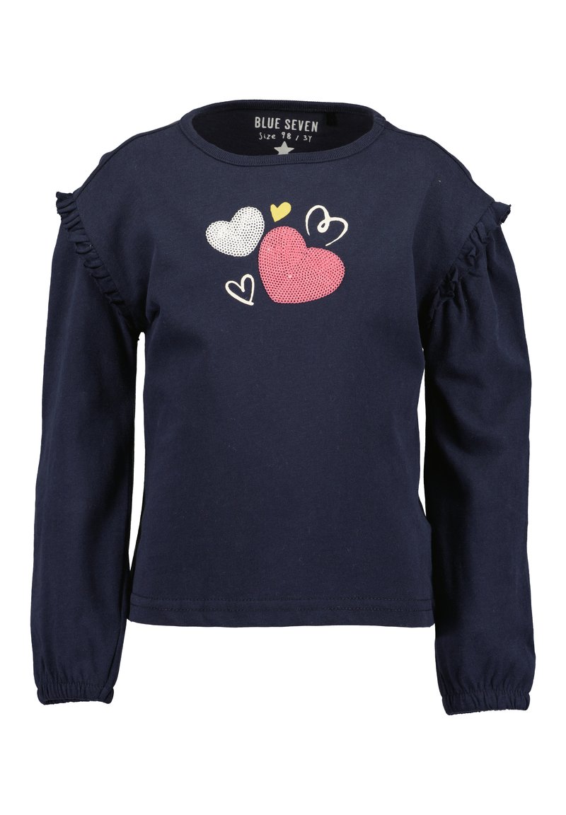 La maglietta blu navy a maniche lunghe presenta un motivo a cuore in rosa, bianco e giallo, con dettagli arricciati sulle spalle. Realizzata in cotone.