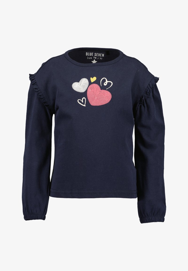 La maglietta blu navy a maniche lunghe presenta un motivo a cuore in rosa, bianco e giallo, con dettagli arricciati sulle spalle. Realizzata in cotone.
