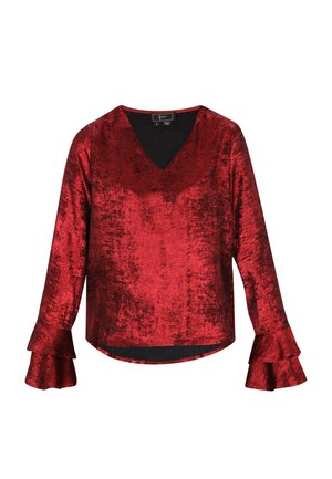 Rote Bluse mit V-Ausschnitt aus glänzendem Stoff, mit Glockenärmeln und Rüschenmanschetten sowie lockerem Schnitt. Glatte Textur mit halbtransparentem Aussehen.