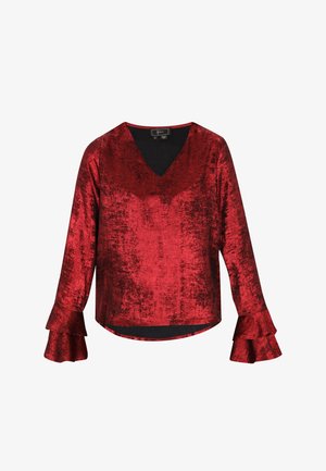 Rote Bluse mit V-Ausschnitt aus glänzendem Stoff, mit Glockenärmeln und Rüschenmanschetten sowie lockerem Schnitt. Glatte Textur mit halbtransparentem Aussehen.
