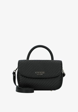 Zwarte geweven handtas met een gestructureerde vorm, voorzien van een gevlochten handvat aan de bovenkant, afneembare schouderriem en zilverkleurige accenten.