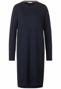 Mörkblå långärmad klänning i mjukt tyg, med rund halsringning och sidfickor, enkel design och knälång skärning.