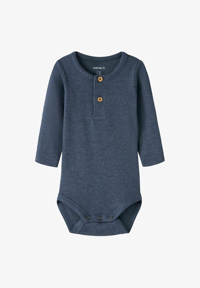 Navy ribbed long-sleeve bodysuit with a round neckline, two wooden buttons at the chest, and a snap closure at the bottom.