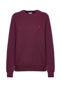 Felpa bordeaux realizzata in morbido tessuto, con scollo rotondo, polsini a costine e un piccolo logo rosso ricamato sul petto.
