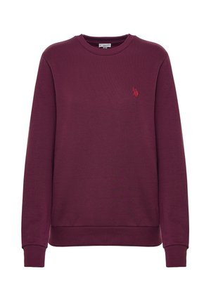 Felpa bordeaux realizzata in morbido tessuto, con scollo rotondo, polsini a costine e un piccolo logo rosso ricamato sul petto.