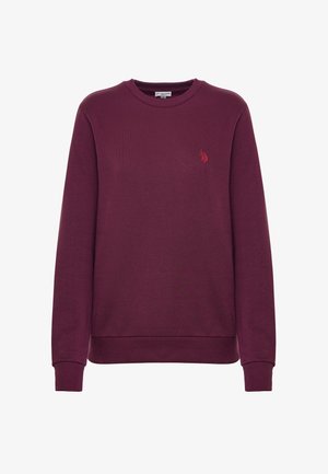 Felpa bordeaux realizzata in morbido tessuto, con scollo rotondo, polsini a costine e un piccolo logo rosso ricamato sul petto.
