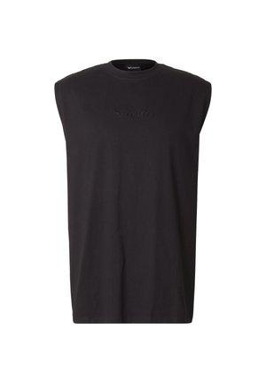 Mustast puuvillast varrukateta top, millel on ümar kaelus ja ees peenelt reljeefne logo. Sile tekstuur.