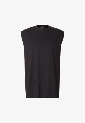 Schwarzes ärmelloses Oberteil aus Baumwolle mit Rundhalsausschnitt und dezenten, erhabenen Logodetails auf der Vorderseite. Glatte Textur.