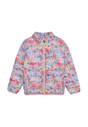 Lekka kurtka w kwiatowy wzór w odcieniach różu, niebieskiego i żółtego, z kołnierzem typu stójka i zamkiem błyskawicznym z przodu.