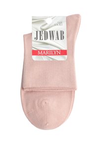 Różowe jedwabne skarpetki o prostym, prążkowanym wzorze. Opakowanie zawiera nazwę marki "JEDWAB" oraz "MARILYN" w wyraźnym, pogrubionym tekście.