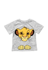 Gray toddler t-shirt featuring a large, smiling cartoon lion cub face with paws below it on the front.